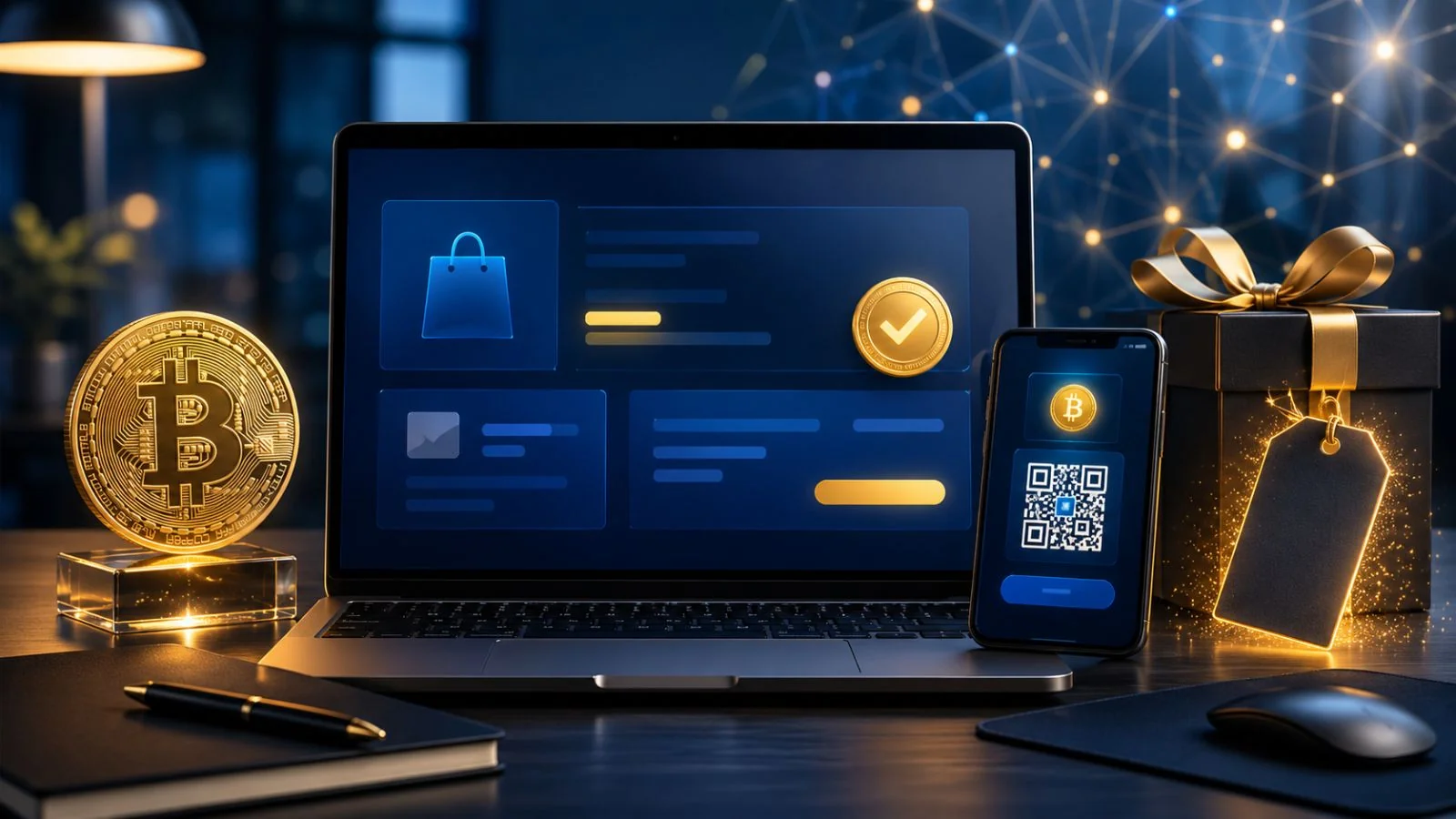 Bitcoin als Zahlungsmittel: Laptop mit Shop-Checkout, Smartphone mit Bitcoin-QR-Code, goldene Bitcoin-Münze und Geschenk-Box – innovative Bezahlmethode mit 5 % Rabatt bei Frank Wingerath aus Hannover