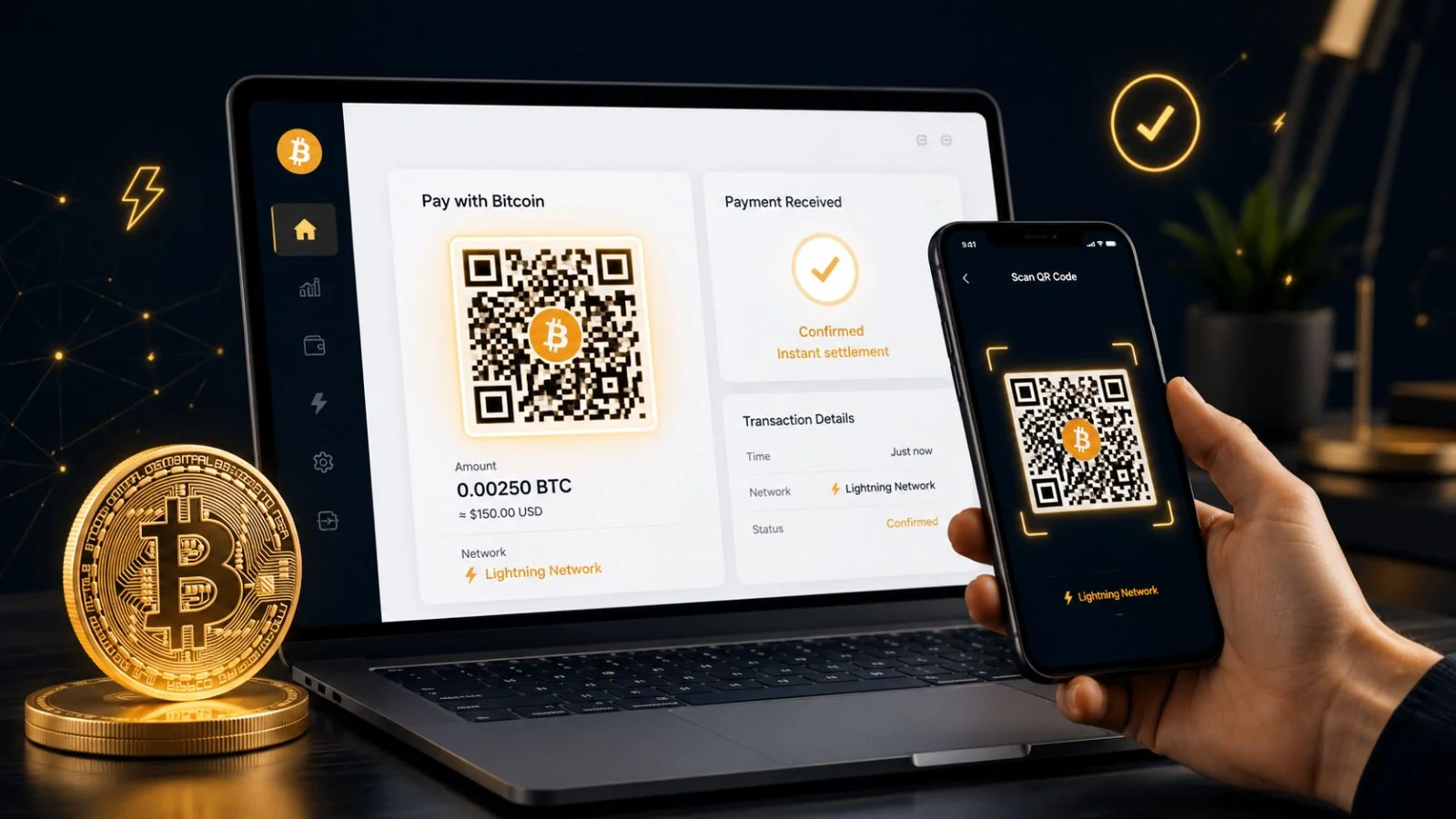 Bitcoin-Zahlungs-Setup für lokale Händler aus Hannover: Point-of-Sale auf Tablet mit QR-Code, Smartphone-Wallet mit Lightning-Zahlung, Bitcoin-Münze und Schilder „Bitcoin akzeptiert" – schnelle, gebührenfreie Zahlung ohne Bank oder Intermediär