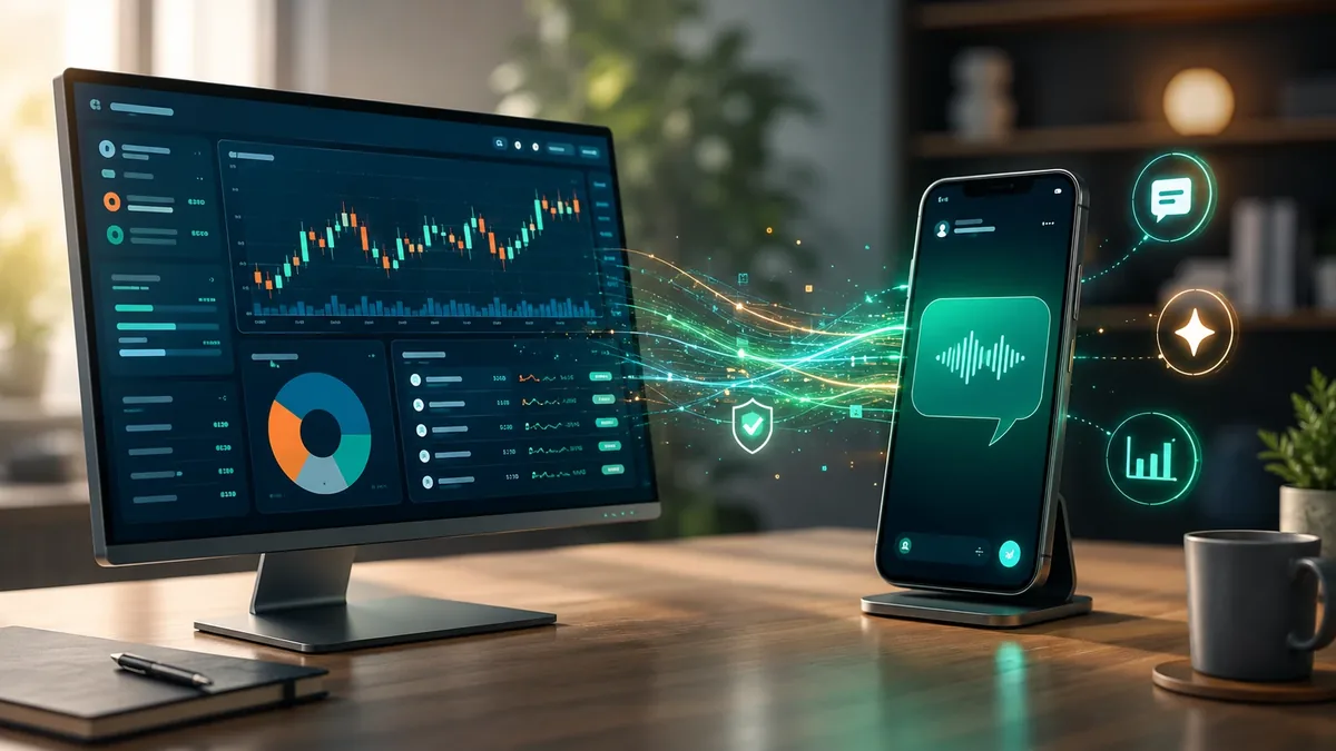Claude AI und ChatGPT direkt mit Interactive Brokers verbinden: Trading-Dashboard auf Monitor mit Portfolio-Charts und Smartphone mit Chat-Interface, verbunden durch Datenfluss-Visualisierung mit Sicherheits-Schild – KI-Beratung aus Hannover