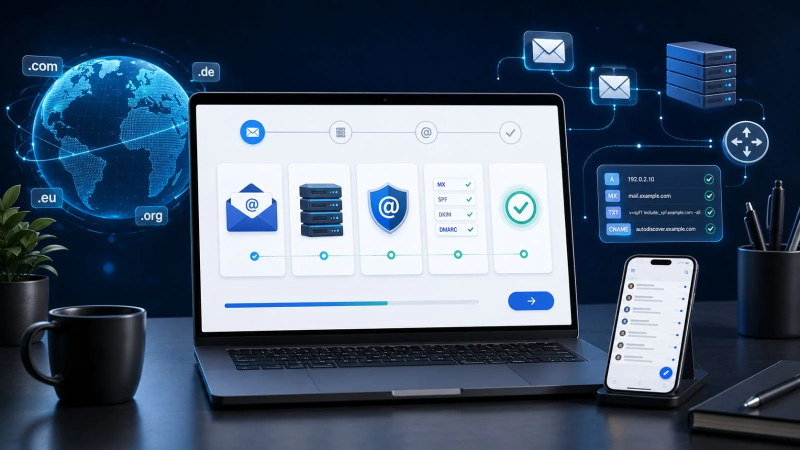 Domain & E-Mail-Setup aus Hannover: Eigene Domain registrieren, professionelle E-Mail-Postfächer einrichten, DNS-Records (SPF, DKIM, DMARC) konfigurieren, Weiterleitungen und Auto-Responder – damit Mails sicher ankommen statt im Spam zu landen