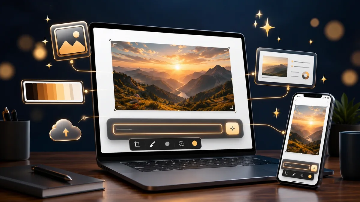 Google Pics in Google Workspace: 3D-Illustration mit Laptop und Smartphone, auf denen ein KI-Bildeditor eine Berglandschaft mit Sonnenuntergang bearbeitet, dazu Prompt-Leiste, Farbpalette und goldene KI-Akzente auf dunkelblauem Hintergrund