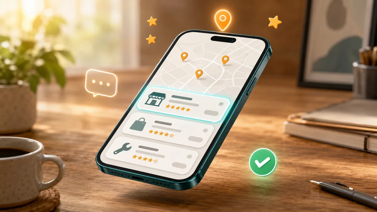 Google Unternehmensprofil einrichten: Smartphone mit Karten-Ansicht und drei Branchen-Karten in Sternebewertung, schwebende orangefarbene Pin-Marker und grünes Verifizierungs-Häkchen – Local-SEO-Beratung aus Hannover