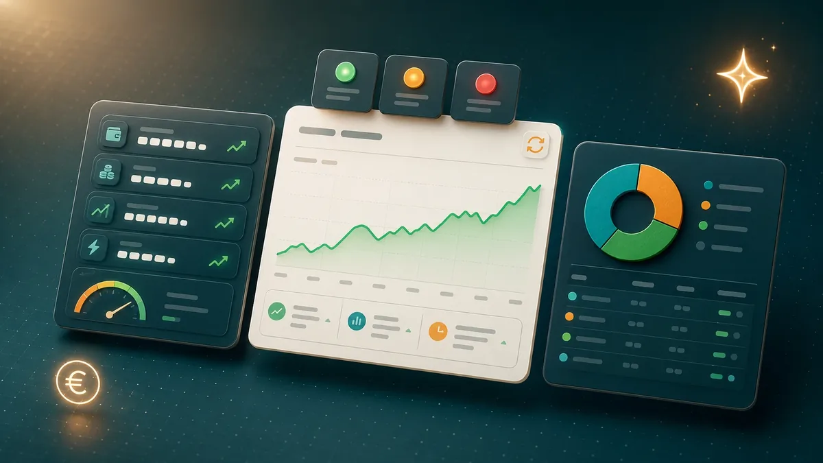 Depot-Cockpit für Interactive Brokers mit KI gebaut: Drei schwebende Dashboard-Karten mit KPIs, Equity-Kurve, Risikoampeln in Grün/Gelb/Rot, Asset-Allocation-Donut und Aktualisieren-Icon, dezenter KI-Sparkle im Hintergrund – Anleitung aus Hannover