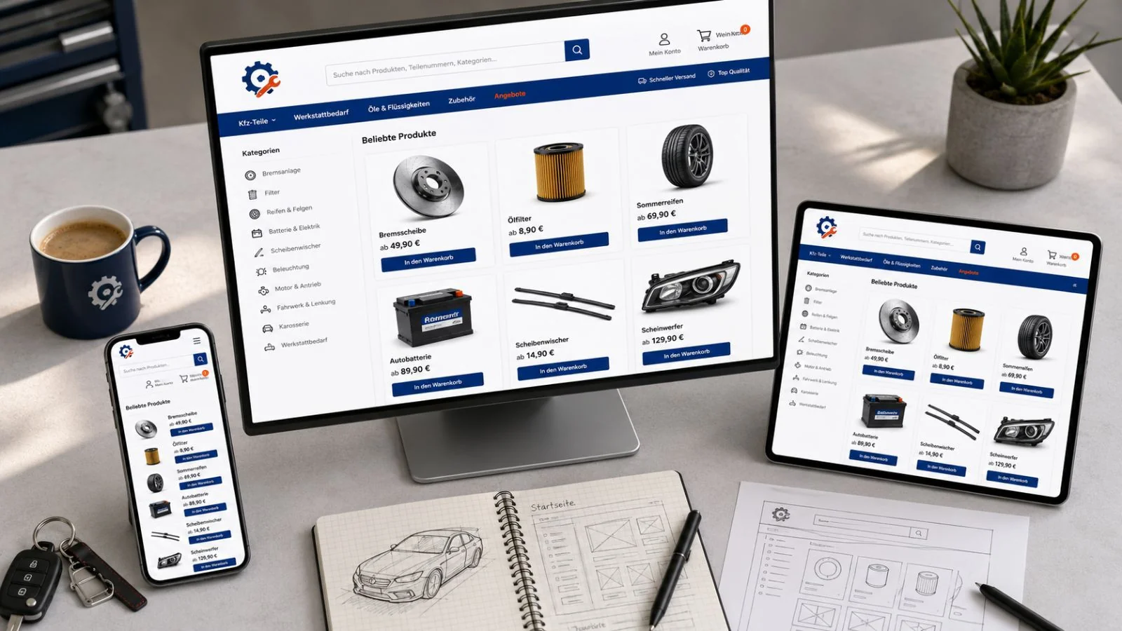 Online-Shop am Beispiel einer Kfz-Werkstatt: Produktraster mit Bremsscheiben, Filtern, Reifen und Autoteilen auf Desktop, Tablet und Smartphone, mit Preisen und „In den Warenkorb"-Buttons – schlanke, schnelle Online-Shops für Selbstständige, Manufakturen und kleine Unternehmen