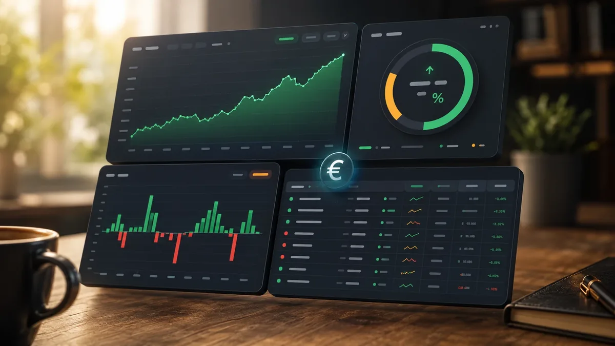 Trading Journal für Interactive Brokers: Dashboard mit grüner Equity-Kurve, prozentualer Gewinn-Anzeige, monatlichen Performance-Balken und sortierbarer Trade-Liste, EUR-Symbol als Mittelpunkt – lokales Auswertungs-Tool ohne Cloud aus Hannover