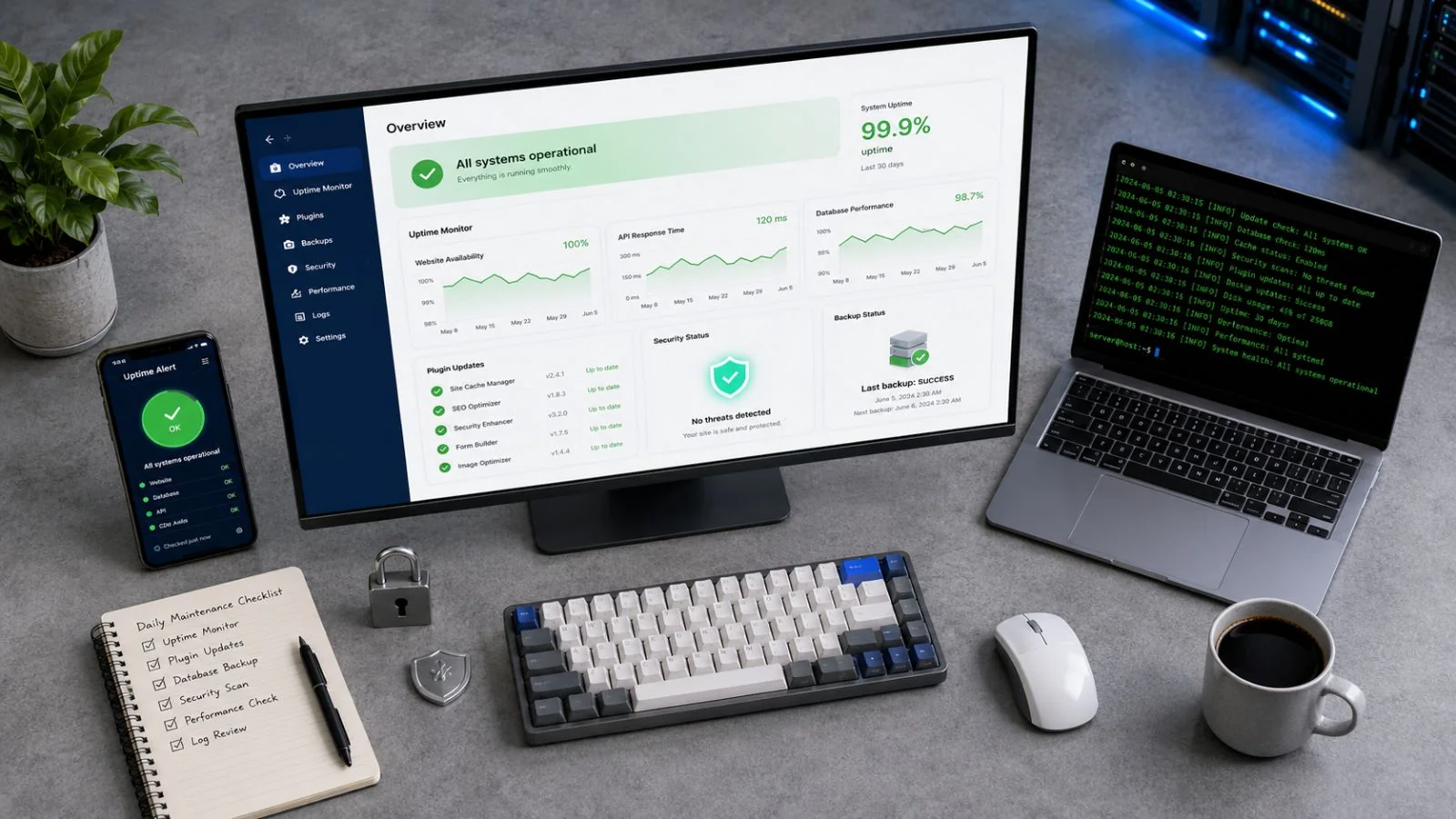 Webseiten-Wartung aus Hannover: Monitoring-Dashboard mit Uptime-Status, Backup-Übersicht und Update-Übersicht – Updates, Backups, Sicherheits-Checks und 24/7-Verfügbarkeits-Monitoring für WordPress, TYPO3, Joomla, Shopware und individuelle Web-Lösungen