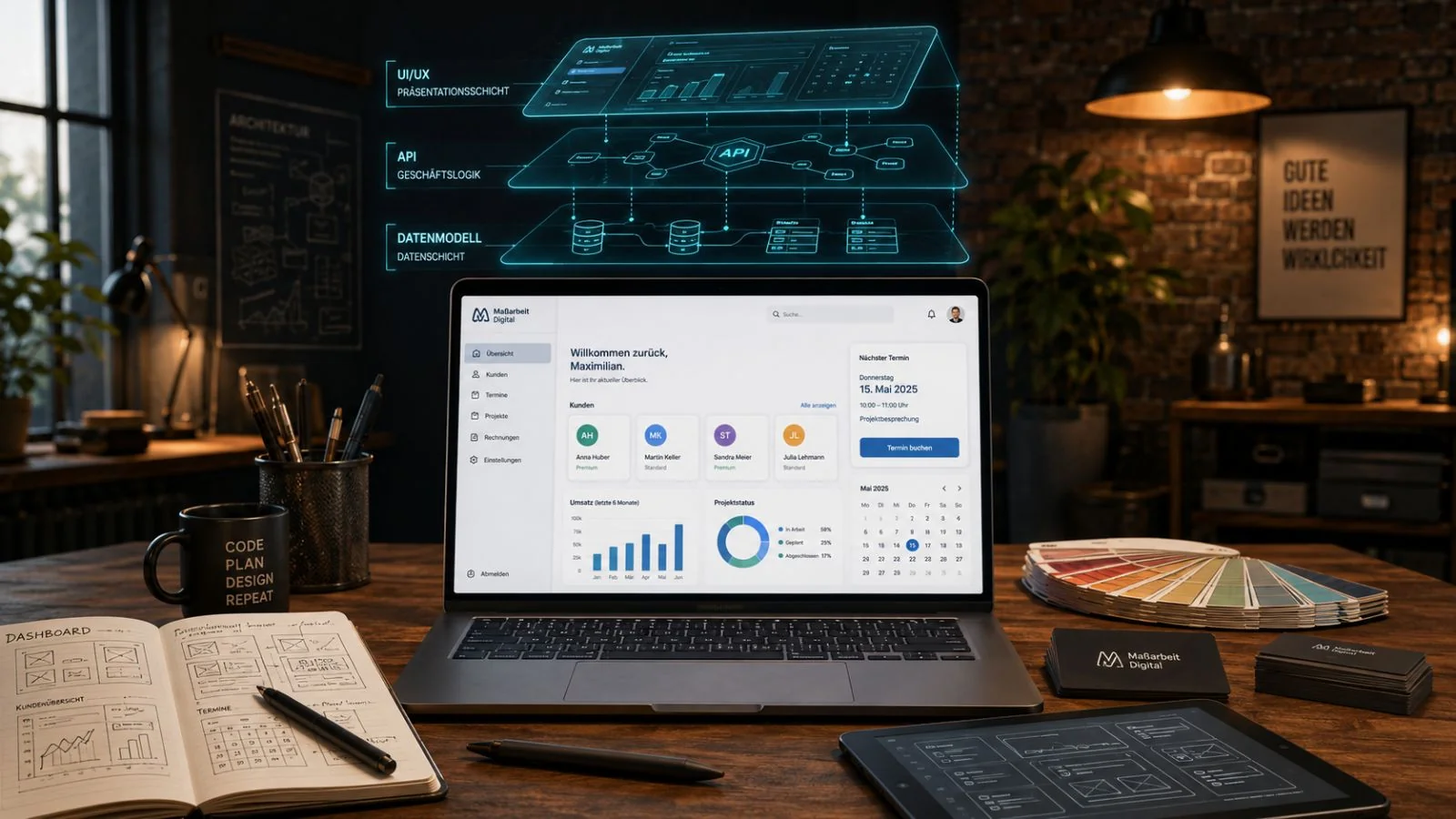 Individuelle Web-Apps & maßgeschneiderte Tools aus Hannover: Laptop mit Custom-Dashboard (Kundenliste, Zeiterfassung, Rechnungs-Statistik, Kalender) und schwebenden modularen Bausteinen für Aufgaben, Zeiterfassung und Buchhaltung – verbunden zu einer integrierten Lösung, perfekt für Kfz-Werkstätten, CRM-Systeme und individuelle Geschäfts-Workflows